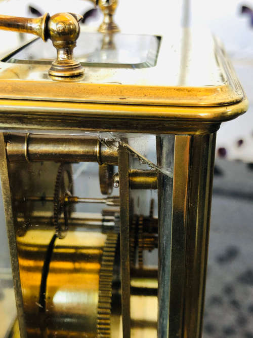 WOW !!! ANTIQUE FRENCH BRASS AND GLASS CARRIAGE CLOCK - NEEDS A SERVICE