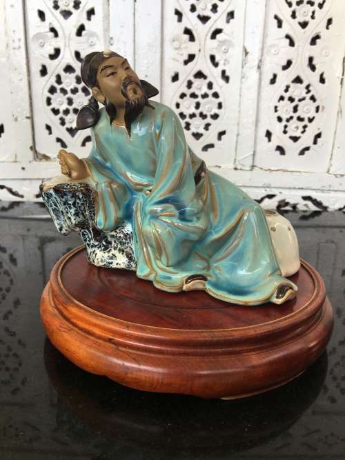 Large Chinese Shiwan Glazed Mudmen Figurine `Li-Bai The Drunken Poet` on Wood Stand