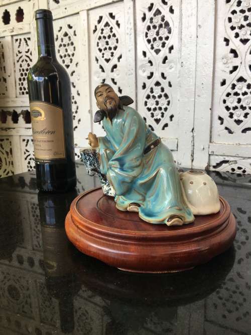 Large Chinese Shiwan Glazed Mudmen Figurine `Li-Bai The Drunken Poet` on Wood Stand