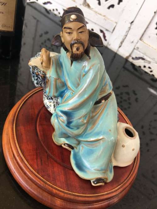 Large Chinese Shiwan Glazed Mudmen Figurine `Li-Bai The Drunken Poet` on Wood Stand