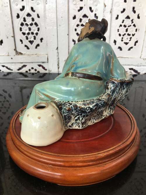 Large Chinese Shiwan Glazed Mudmen Figurine `Li-Bai The Drunken Poet` on Wood Stand