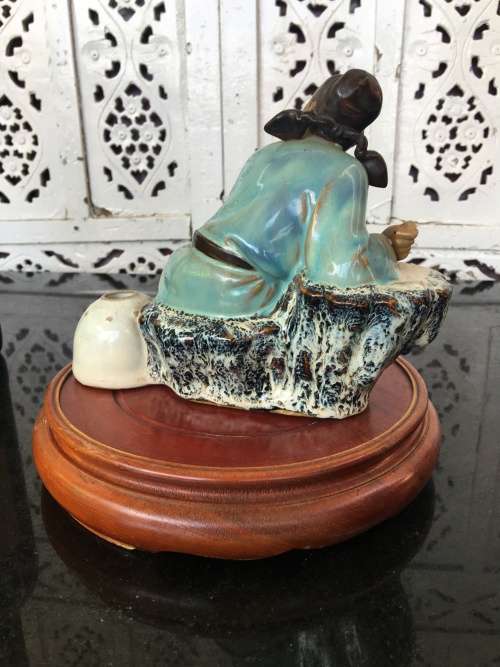 Large Chinese Shiwan Glazed Mudmen Figurine `Li-Bai The Drunken Poet` on Wood Stand