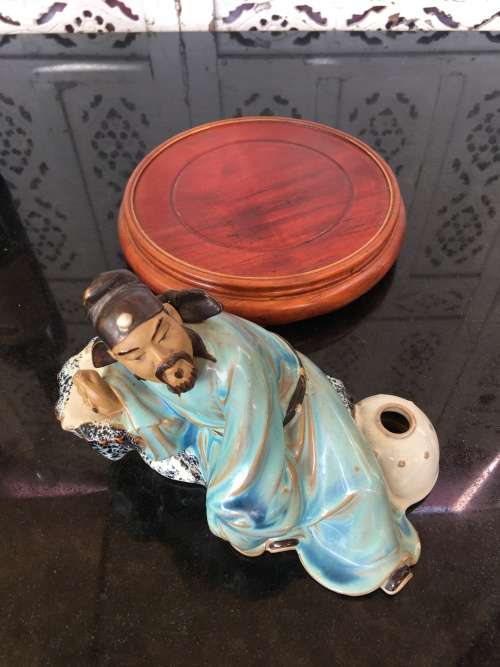 Large Chinese Shiwan Glazed Mudmen Figurine `Li-Bai The Drunken Poet` on Wood Stand