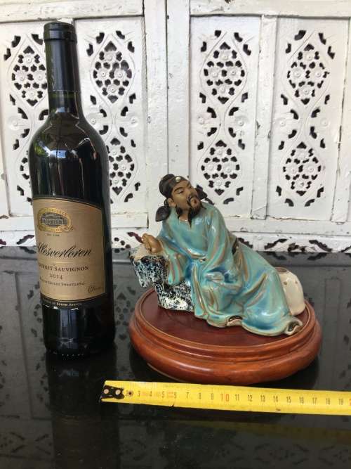 Large Chinese Shiwan Glazed Mudmen Figurine `Li-Bai The Drunken Poet` on Wood Stand