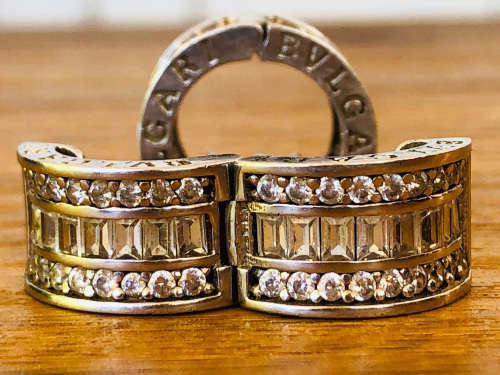 WOW !!! STUNNING PAIR OF BVLGARI STERLING SILVER EARRINGS WITH BUQUETTE CUBIC ZIRCONIA - 10.15g