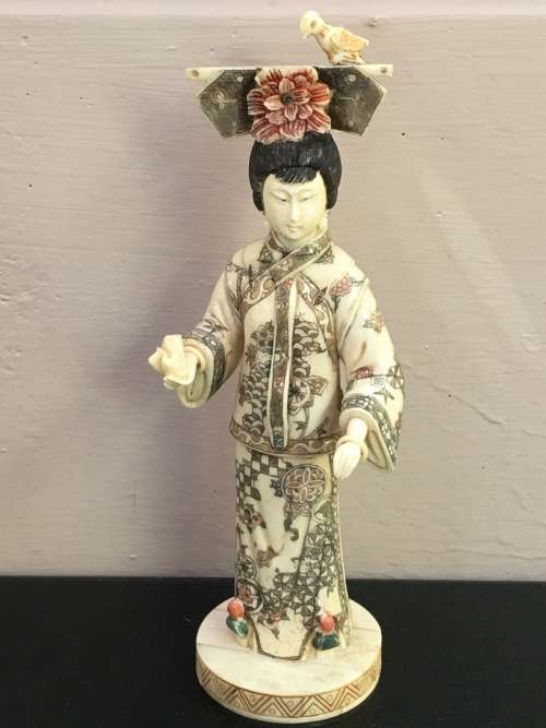 Japanese Bone Geisha figurine sculpted hand decorated. 28 cm tall  moving arm and bird