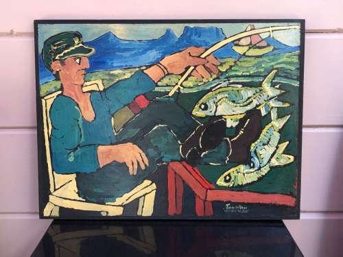 Johan de Vries (1945 - 2002)`Afrique du Sud` original painting - Fisherman - Signed - Value R3500