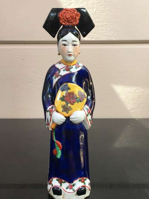 Antique Signed Oriental female porcelain figurine hand sculpted and decorated. (Incense burner)