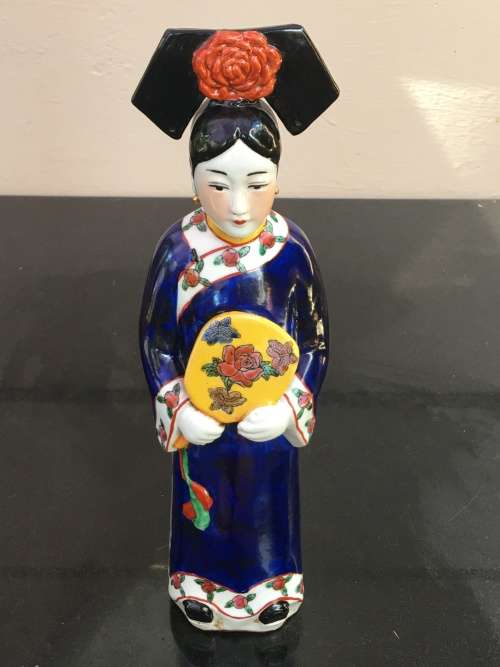 Antique Signed Oriental female porcelain figurine hand sculpted and decorated. (Incense burner)