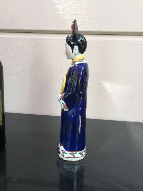 Antique Signed Oriental female porcelain figurine hand sculpted and decorated. (Incense burner)