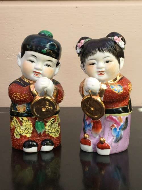 Vintage Chinese Shiwan twin girl and boy figurine hand decorated. 20 cm tall