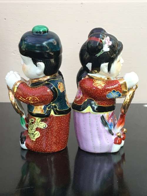 Vintage Chinese Shiwan twin girl and boy figurine hand decorated. 20 cm tall