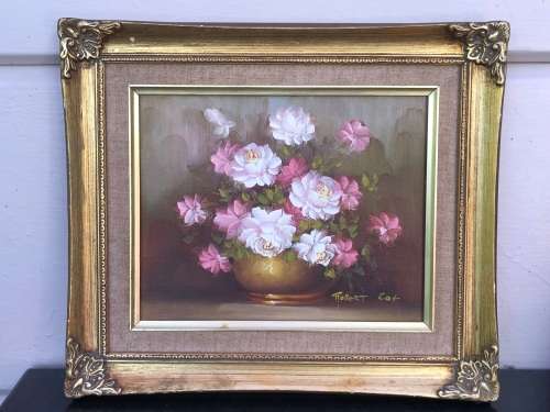 ROBERT COX (1934 - 2001) GILT FRAMED ORIGINAL OIL ON BOARD STILL LIFE OF FLOWERS
