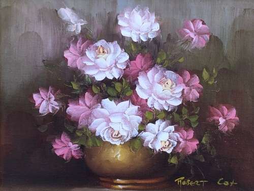 ROBERT COX (1934 - 2001) GILT FRAMED ORIGINAL OIL ON BOARD STILL LIFE OF FLOWERS