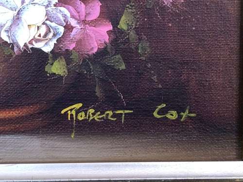 ROBERT COX (1934 - 2001) GILT FRAMED ORIGINAL OIL ON BOARD STILL LIFE OF FLOWERS