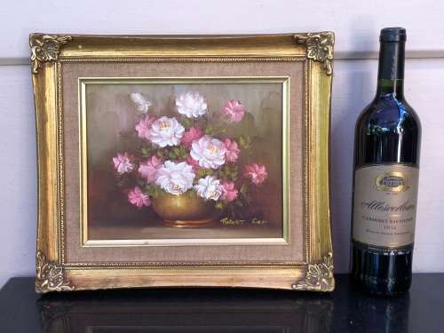 ROBERT COX (1934 - 2001) GILT FRAMED ORIGINAL OIL ON BOARD STILL LIFE OF FLOWERS