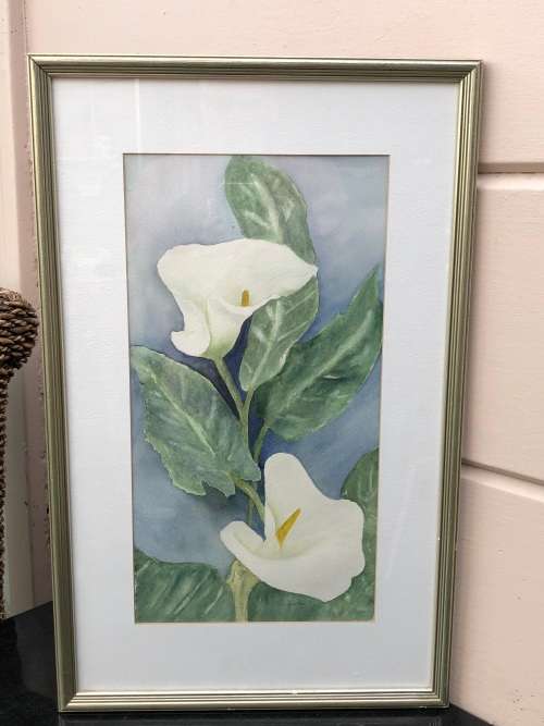 ALMA DICKIE ORIGINAL FRAMED WATERCOLOUR PAINTING OF ARUM LILIES