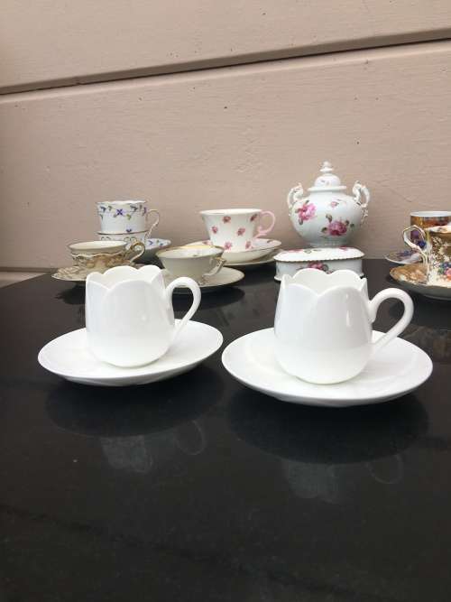 Collectors !!! Ultra Rare ALESSI Porcelain Demitasse / Mocha pair of Tulip Pattern Cups and Saucers