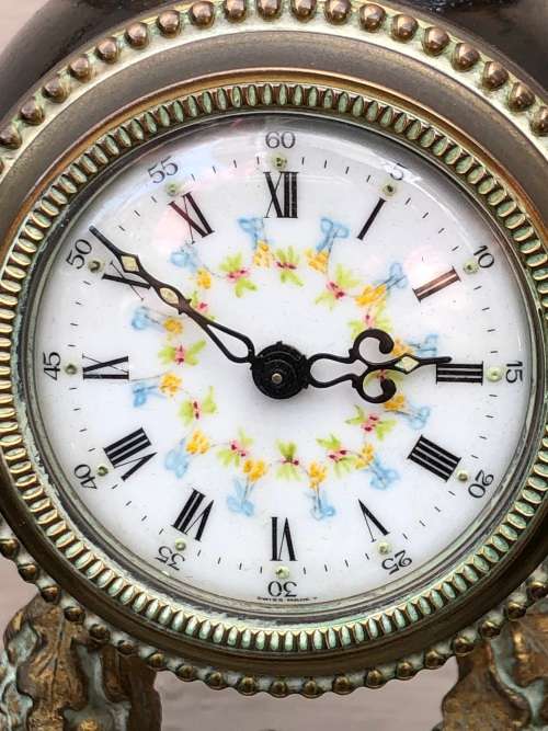 A FIRE GILDED BRONZE ON MARBLE BASE SWISS MADE FRENCH MANTLE CLOCK - WORKING 100%