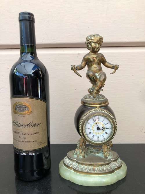 A FIRE GILDED BRONZE ON MARBLE BASE SWISS MADE FRENCH MANTLE CLOCK - WORKING 100%