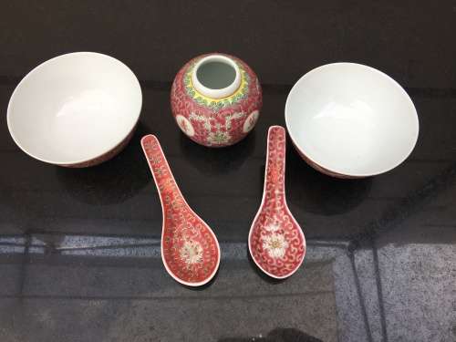 5 pieceVintage Chinese Red Enamel Hand Painted porcelain