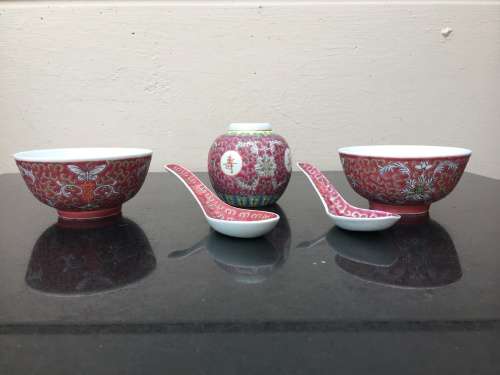 5 pieceVintage Chinese Red Enamel Hand Painted porcelain