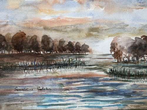 GERALDINE GULSTON (SA 20th CENTURY) UNFRAMED WATERCOLOUR PAINTING SOUTH COAST VIEW `SALT ROCK` 1984