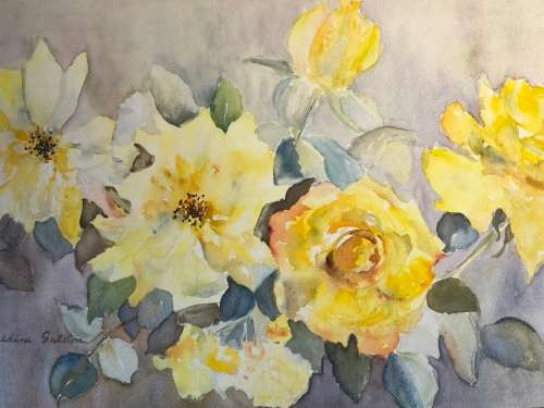 GERALDINE GULSTON (SA 20th CENTURY) LARGE UNFRAMED WATERCOLOUR PAINTING `YELLOW ROSES` 1978