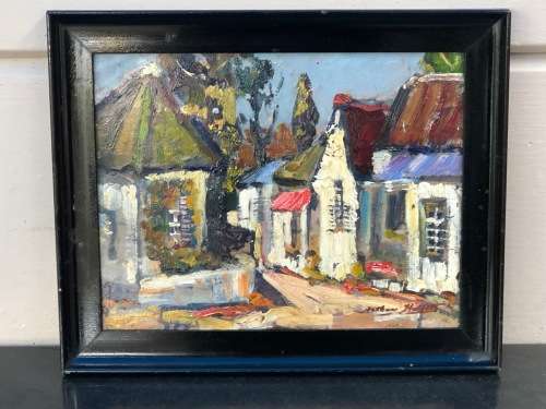 ARTHUR HALLET (SA 20th CENTURY) STUNNING FRAMED OIL PAINTING OF HOUSES - UNTITLED