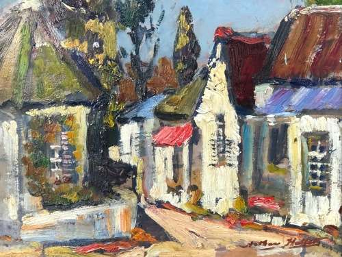 ARTHUR HALLET (SA 20th CENTURY) STUNNING FRAMED OIL PAINTING OF HOUSES - UNTITLED
