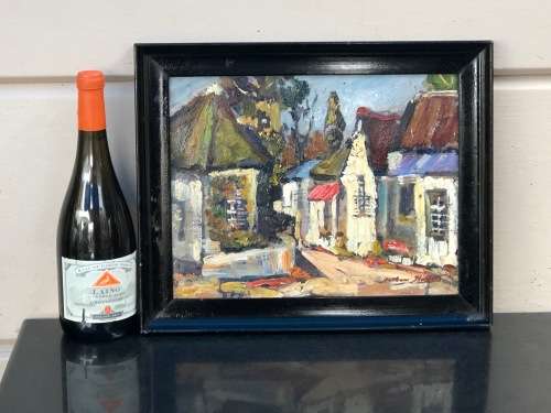 ARTHUR HALLET (SA 20th CENTURY) STUNNING FRAMED OIL PAINTING OF HOUSES - UNTITLED