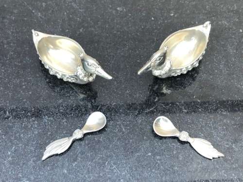 PAIR OF JENNA CLIFFORD 950 PEWTER OPEN SALT AND PEPPER WITH SPOONS , CLEARLY MARKED