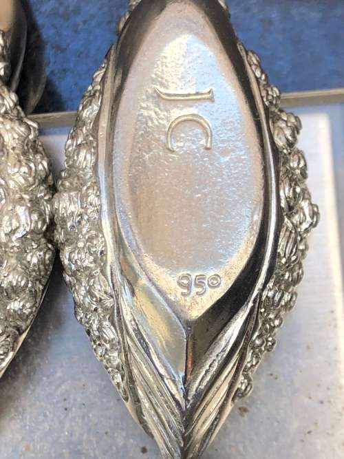 PAIR OF JENNA CLIFFORD 950 PEWTER OPEN SALT AND PEPPER WITH SPOONS , CLEARLY MARKED