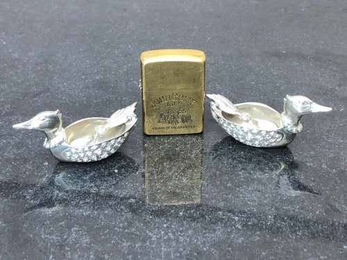 PAIR OF JENNA CLIFFORD 950 PEWTER OPEN SALT AND PEPPER WITH SPOONS , CLEARLY MARKED