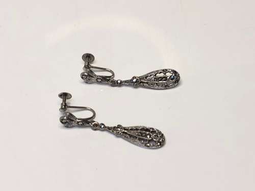 WOW !!! STUNNING VINTAGE STERLING SILVER MARCASITE SCREW ON DROP EARRINGS - 5.44g
