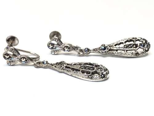 WOW !!! STUNNING VINTAGE STERLING SILVER MARCASITE SCREW ON DROP EARRINGS - 5.44g
