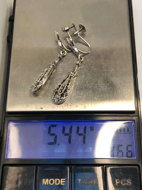 WOW !!! STUNNING VINTAGE STERLING SILVER MARCASITE SCREW ON DROP EARRINGS - 5.44g