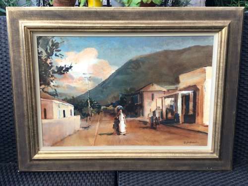 BEN COUTOUVIDIS (ZIM / SA 1970 - ) STUNNING FRAMED OIL CANVAS STREET SCENE PAINTING