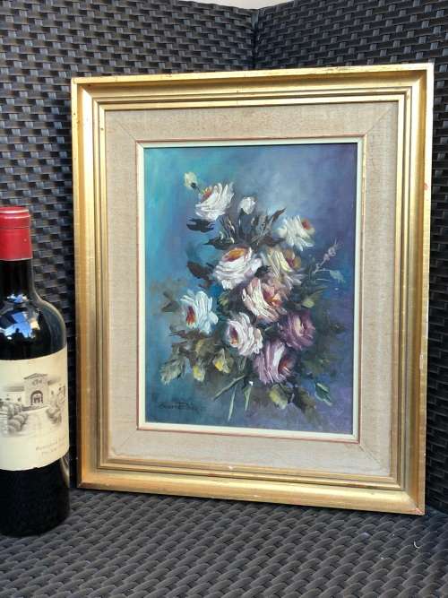 SANTA PHEIFFER (SA 20th CENTURY) FRAMED OIL ON CANVAS STILL LIFE OF FLOWERS DATED 1975