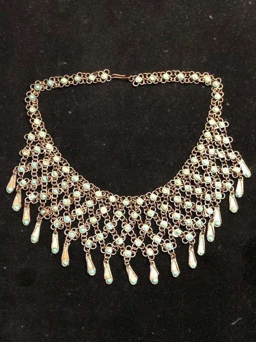 VINTAGE BRONZE TRIBAL BEDOUIN CHAINMAILLE CHOKER WITH TURQUOISE ACCENTS c1930`s
