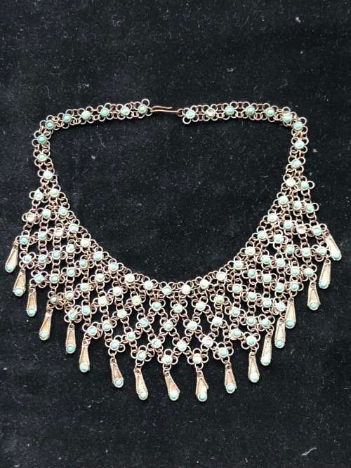 VINTAGE BRONZE TRIBAL BEDOUIN CHAINMAILLE CHOKER WITH TURQUOISE ACCENTS c1930`s