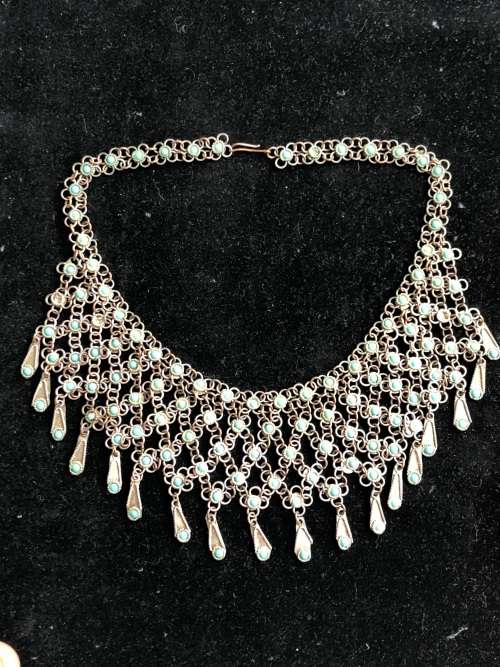 VINTAGE BRONZE TRIBAL BEDOUIN CHAINMAILLE CHOKER WITH TURQUOISE ACCENTS c1930`s