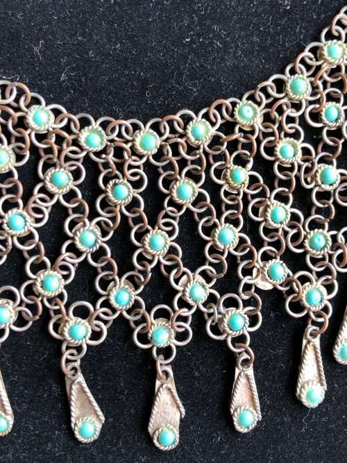VINTAGE BRONZE TRIBAL BEDOUIN CHAINMAILLE CHOKER WITH TURQUOISE ACCENTS c1930`s