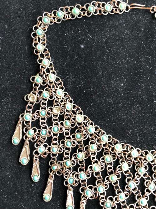 VINTAGE BRONZE TRIBAL BEDOUIN CHAINMAILLE CHOKER WITH TURQUOISE ACCENTS c1930`s