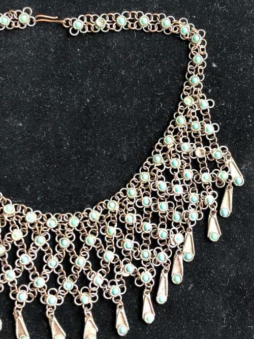 VINTAGE BRONZE TRIBAL BEDOUIN CHAINMAILLE CHOKER WITH TURQUOISE ACCENTS c1930`s