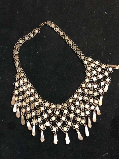 VINTAGE BRONZE TRIBAL BEDOUIN CHAINMAILLE CHOKER WITH TURQUOISE ACCENTS c1930`s