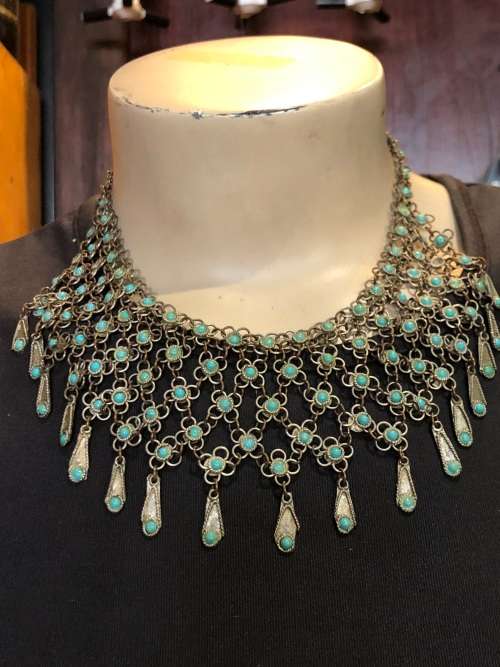 VINTAGE BRONZE TRIBAL BEDOUIN CHAINMAILLE CHOKER WITH TURQUOISE ACCENTS c1930`s