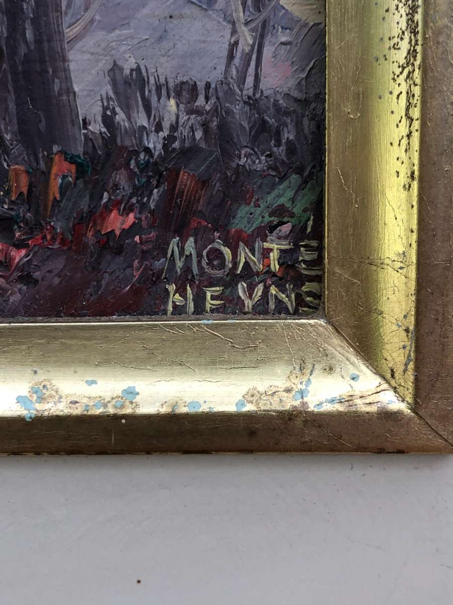 Monté (Montagu) Heyns (1923 - 2001) - Stunning gilt frame oil on board landscape painting