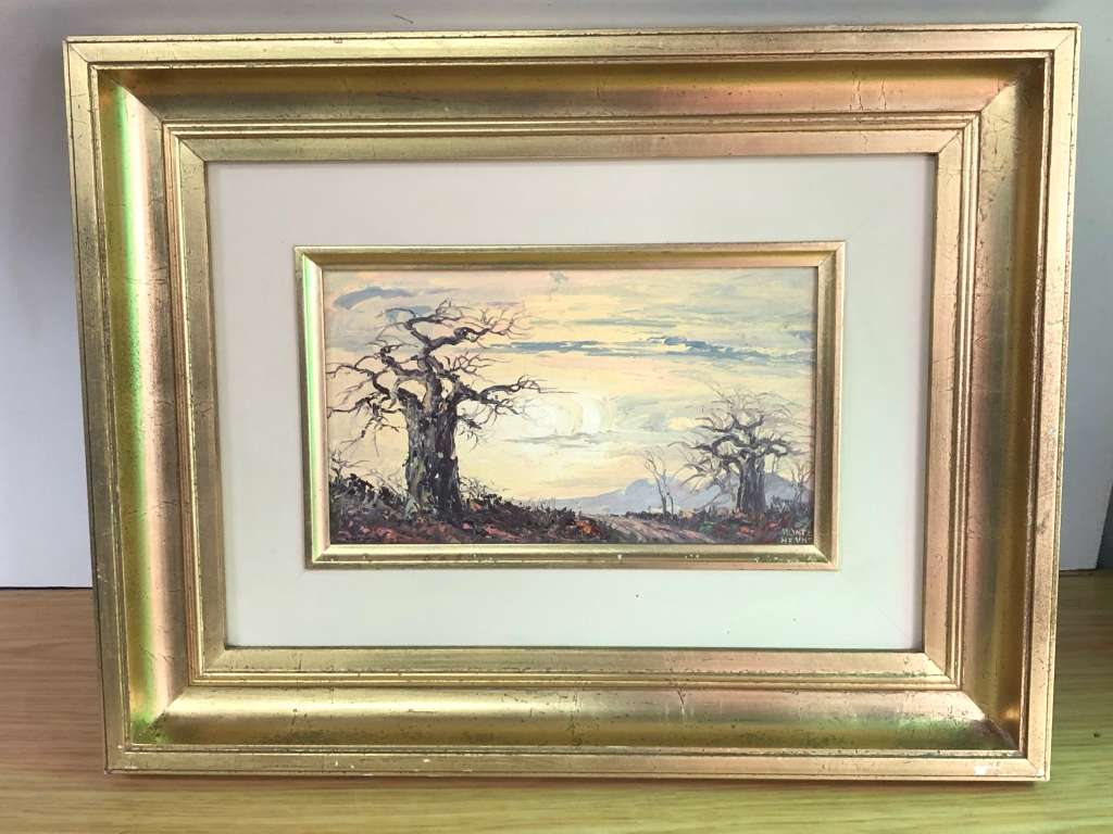 Monté (Montagu) Heyns (1923 - 2001) - Stunning gilt frame oil on board landscape painting