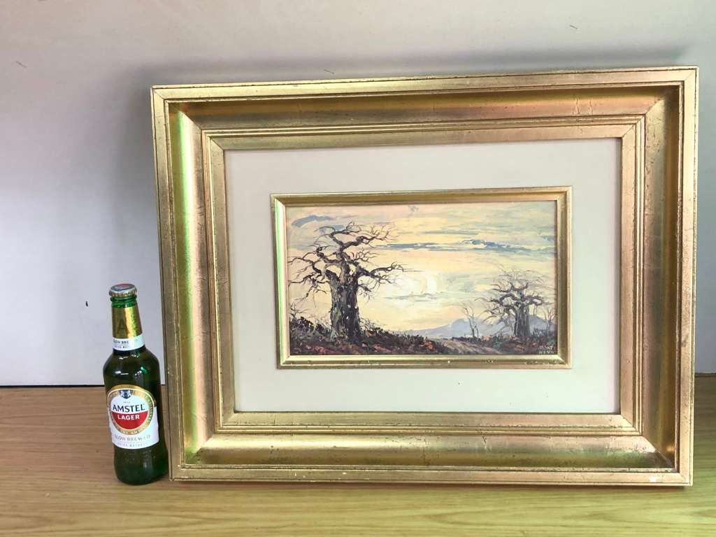 Monté (Montagu) Heyns (1923 - 2001) - Stunning gilt frame oil on board landscape painting